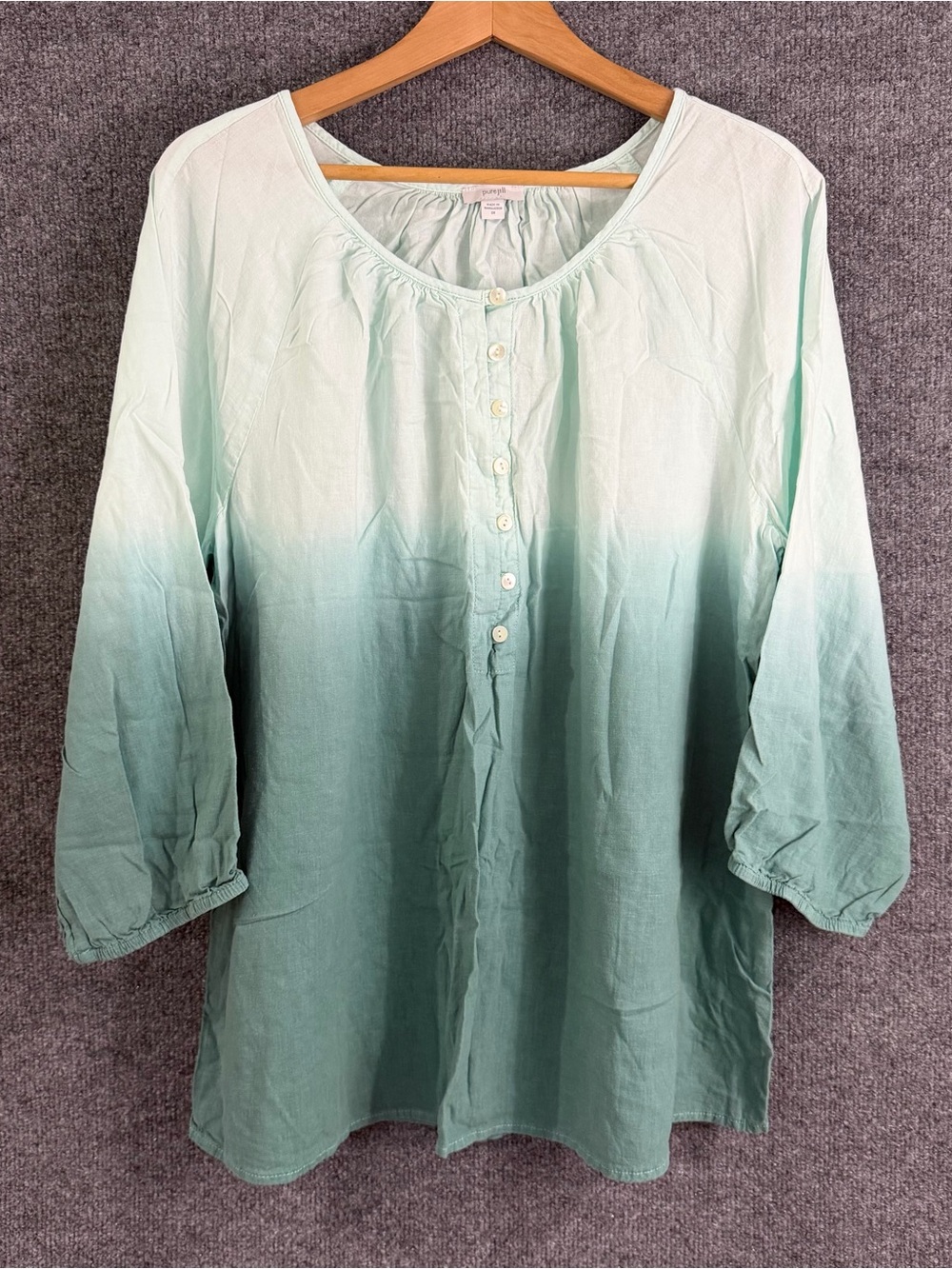 J Jill Womens 2X Linen Blend Ombre Top Green 3/4 Sleeve Casual